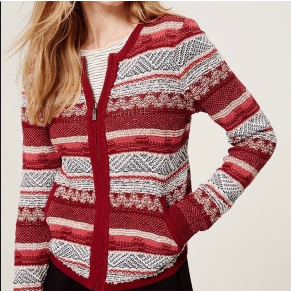 LOFT | Red Textured Knit Sweater Zip Up Jacket